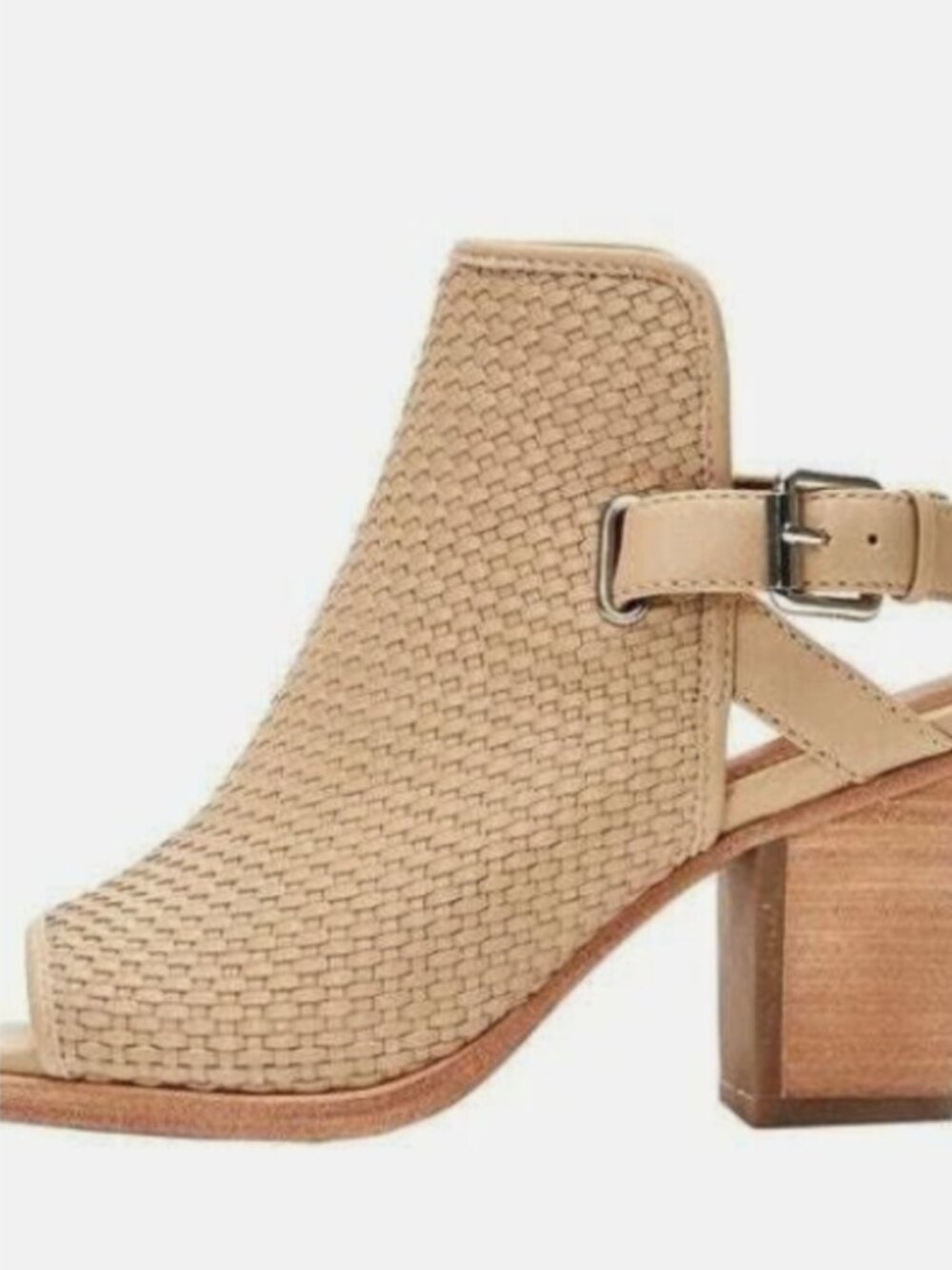 Frye Dani Woven Heeled Sandals Beige Leather Peep Toe Booties Block Heel Ankle